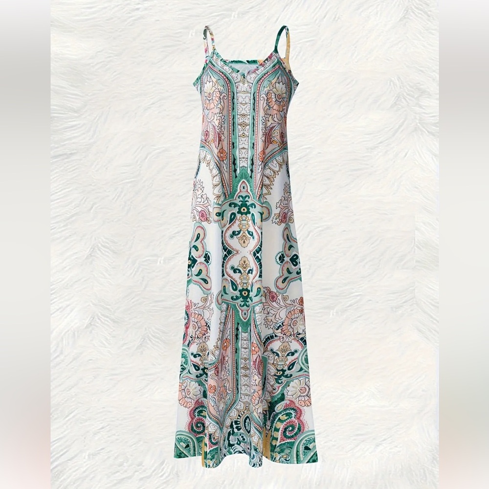 White & Green Printed Maxi Dress Mediterranean Resort Luxe Spaghetti Strap Flowy - Picture 3 of 4